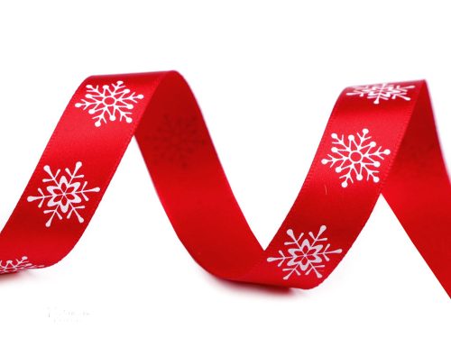 Karácsonyi piros fémes szalag - hópehely - 16 mm