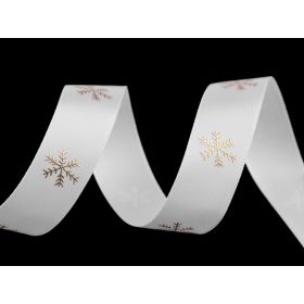 Karácsonyi Fehér szatén szalag - Arany hópehely - 20 mm 