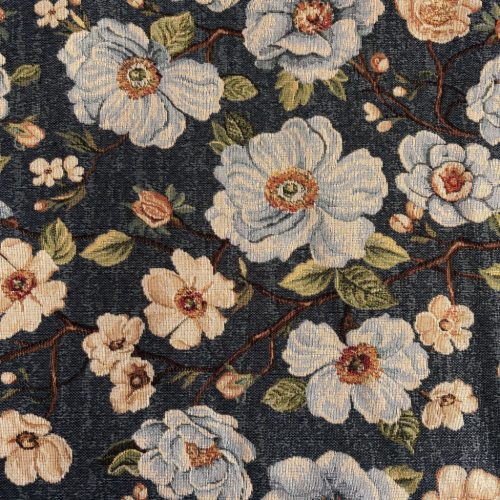 Virágos Jacquard - bútorszövet - farmerkék alapon
