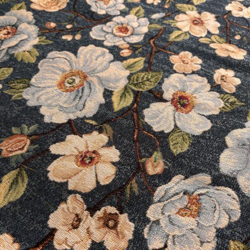 Virágos Jacquard - bútorszövet - farmerkék alapon