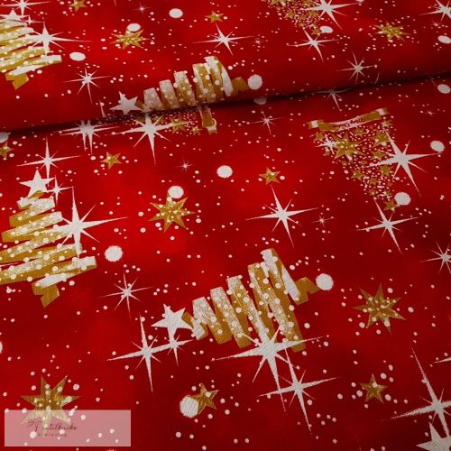 Arany karácsonyfa mintás karácsonyi dekorvászon - piros alapon