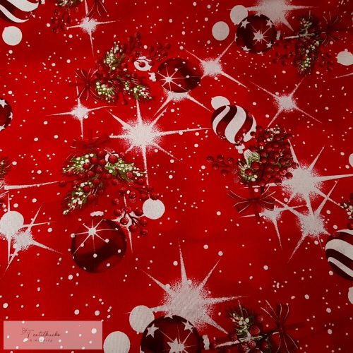 Karácsonyfadíszek csillogva karácsonyi dekorvászon - piros alapon