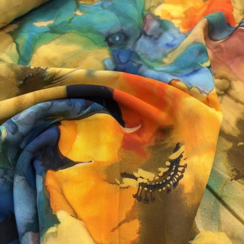 Színes virágos flokon anyag (mosott minta)