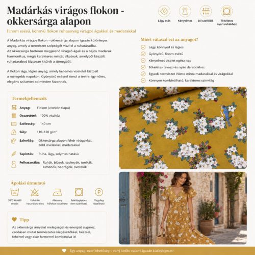Madárkás virágos flokon anyag - Okkersárga alapon