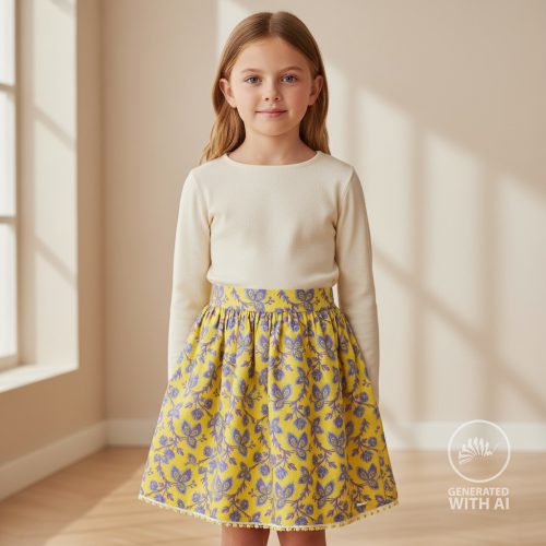 Kék-Lila virágmintás pamutjersey - Sárga alapon