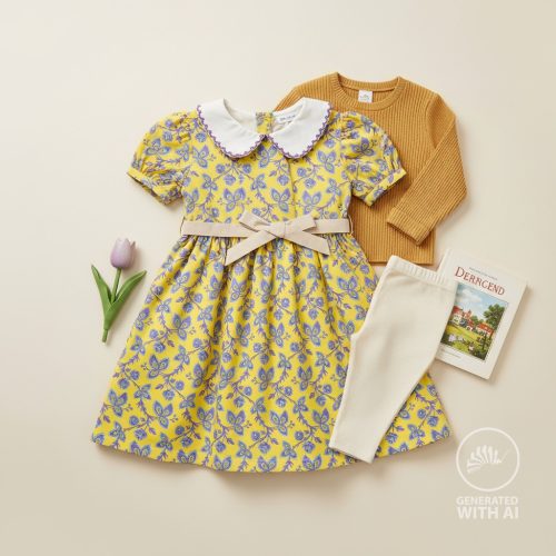 Kék-Lila virágmintás pamutjersey - Sárga alapon