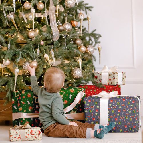 Arany karácsonyfa gömbös PRÉMIUM pamutvászon - Pasztell Piros