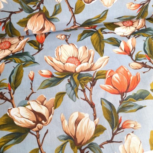 Magnólia virágos pamutvászon - dusty blue alapon - 160 cm 