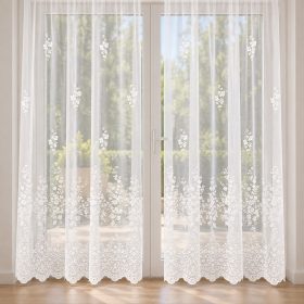   Virágmintás bordűrös jacquard fényáteresztő függöny - 230 cm - Fehér